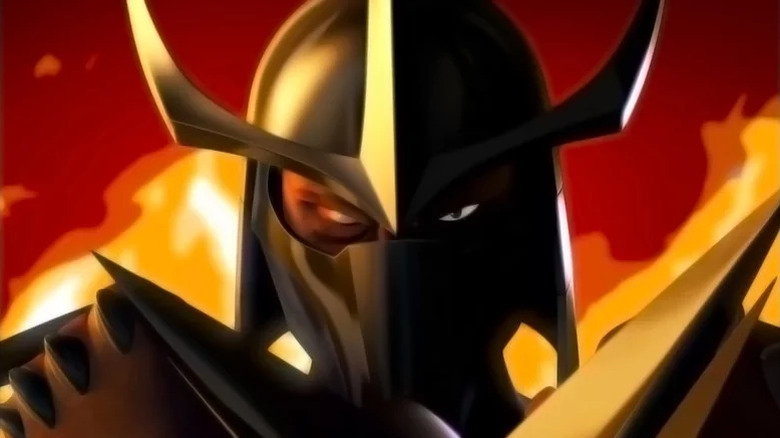 The Shredder glaring through his mask with flames behind him in Teenage Mutant Ninja Turtles (2012)