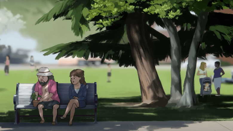 Marshall gingerly holds his prized mushroom planter while sitting on a park bench with Frances in "Common Side Effects"