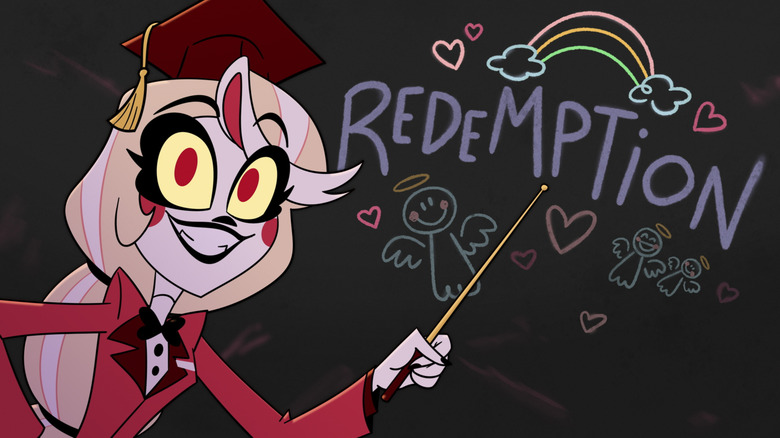 Charlie beside a chalkboard with the word "Redemption" on it in "Hazbin Hotel" (2019)