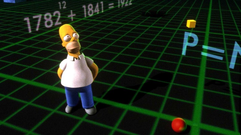 A CGI Homer Simpson stands on a black and green grid, surrounded by 3D shapes and equations, on The Simpsons.