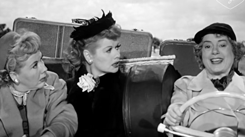 Vivian Vance and Lucille Ball looking worried while Elsa Lanchester drives on "I Love Lucy."
