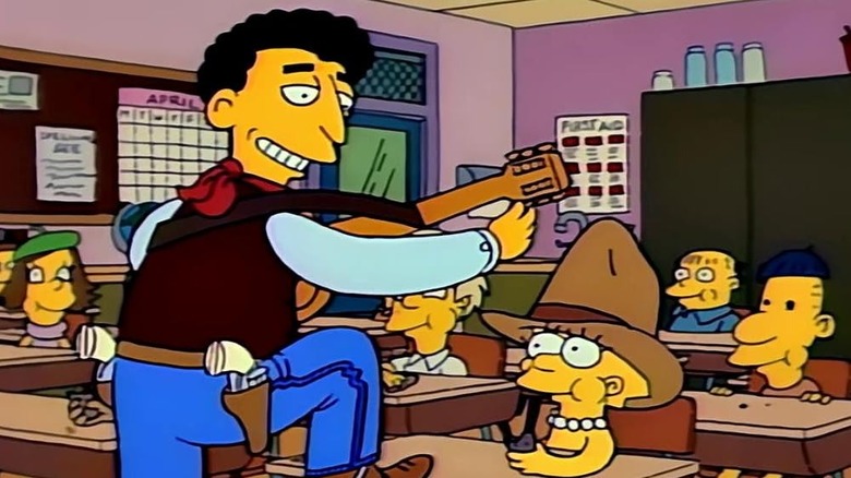 Substitute teacher Mr. Bergstrom plays a guitar while dressed as a cowboy in Lisa's classroom on The Simpsons.