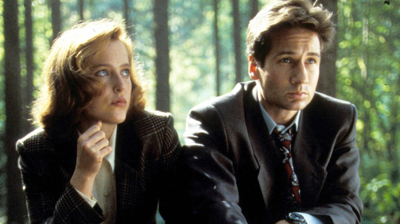 FBI Agents Mulder and Scully investigate a woodland crime scene on The X-Files.