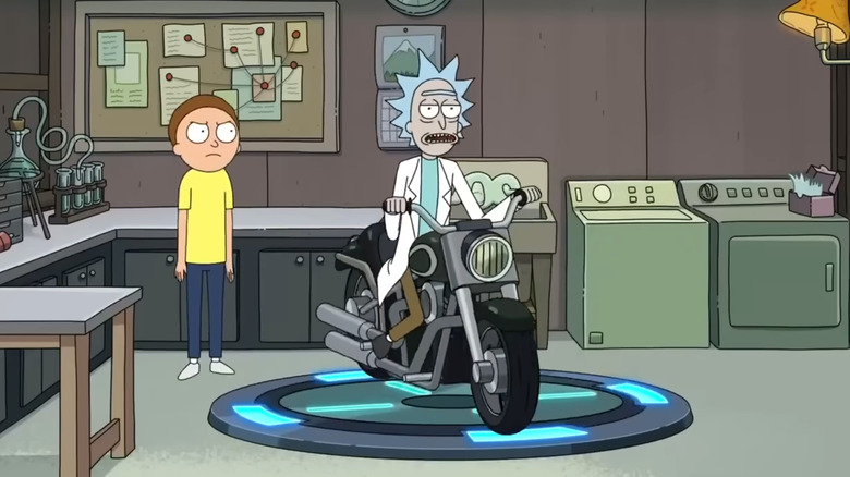 Morty looking mad at Rick, who's on a motorcycle