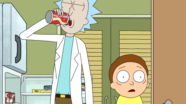 Rick chugging a drink by the fridge while Morty looks disturbed