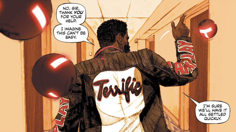 Mr. Terrific leaves an apartment building in "Strange Adventures" #3