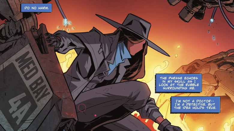 The Question crouches over the ruins of a destroyed med bay in "The Question: All Along the Watchtower" #3