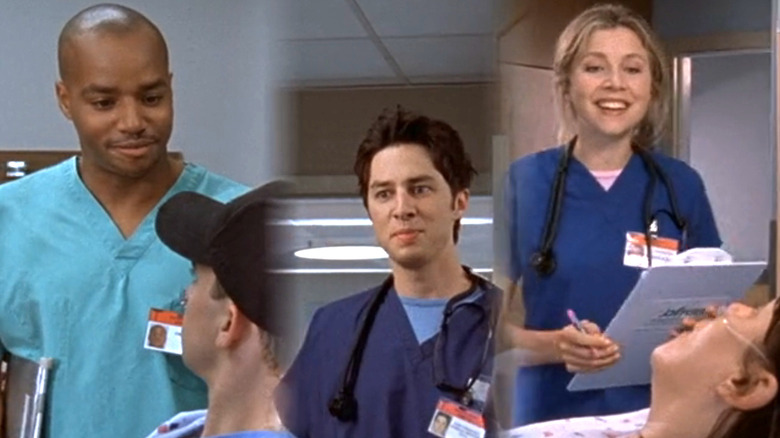 A split screen of Turk, JD, and Elliot meeting their new patients in Scrubs