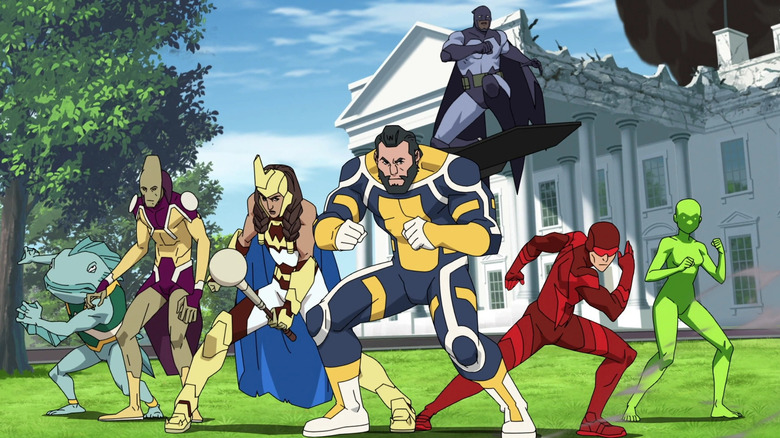The Guardians of the Globe stand together outside the White House in Invincible.