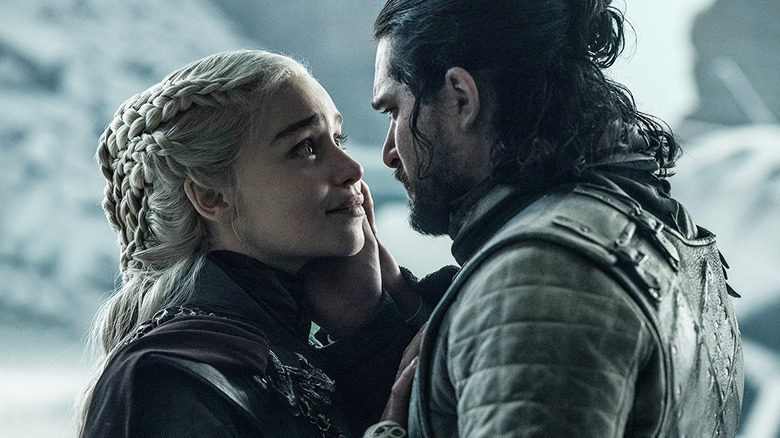 Daenerys holding Jon Snow and smiling up at him in Game of Thrones Season 8 (2019)