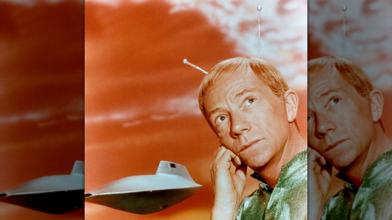 Ray Walston looking thoughtful with his Martian antennae and spaceship