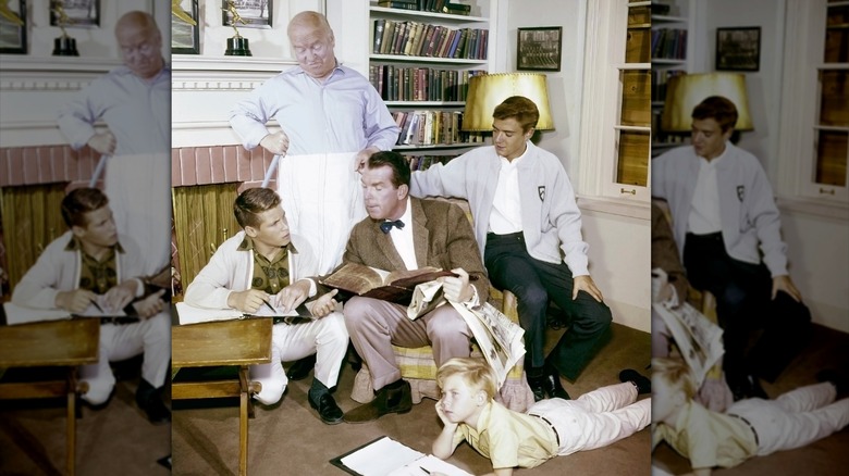 William Frawley, Fred MacMurray, Tim Considine, Don Grady, and Stanley Livingston on the set of  "My Three Sons"