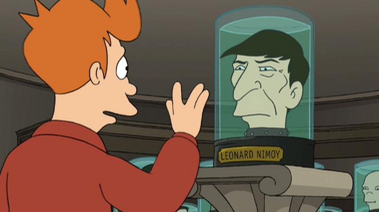 Fry gives a Vulcan salute to Leonard Nimoy's head in "Futurama" (1999)
