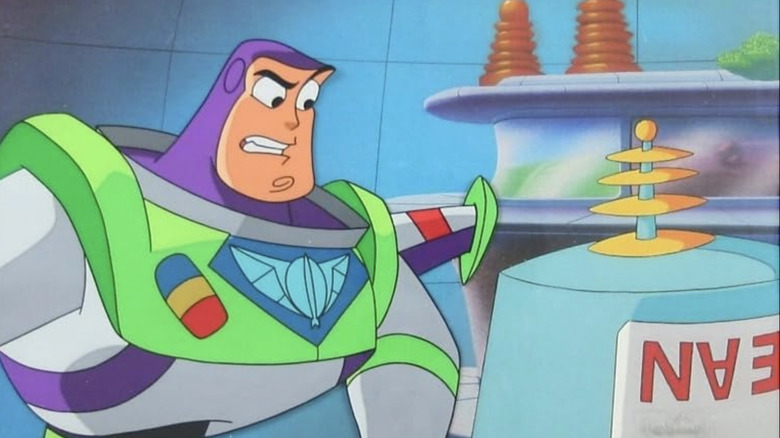 Buzz Lightyear looking at a machine in "Buzz Lightyear of Star Command" (2000)