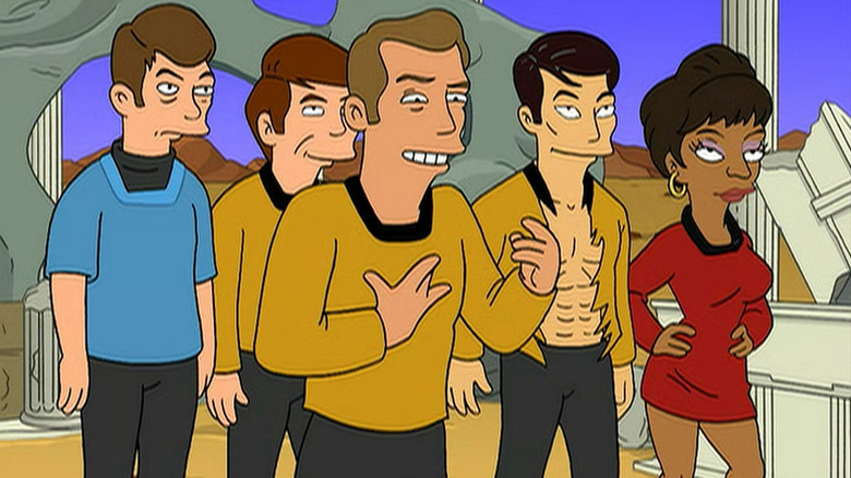 Bones, Chekov, Kirk, Sulu, and Uhura standing in a desert under broken pillars in Futurama
