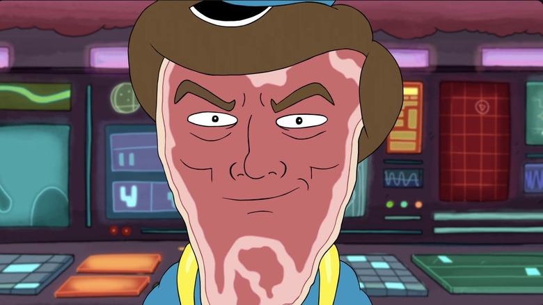 Steak Starbolt smirking at the camera while sitting in the command bridge of his ship on Future-Worm!
