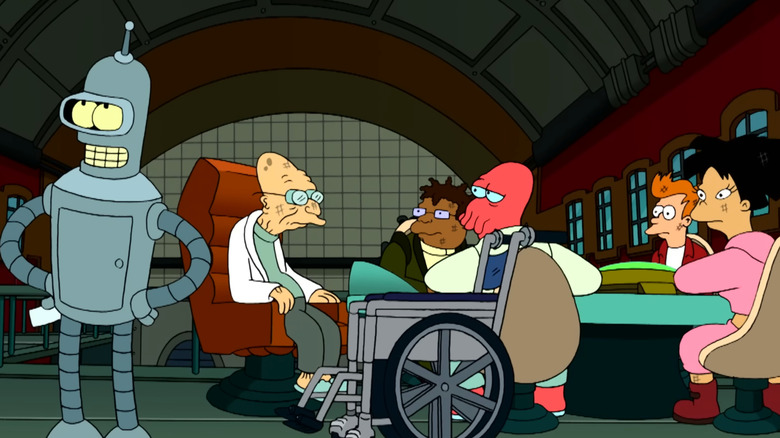 The gang looking at Bender in Futurama