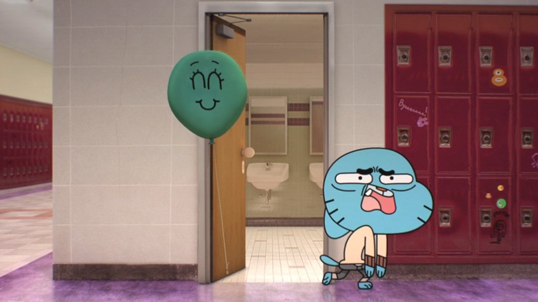 Gumball exiting the bathroom with a smiling balloon in "The Amazing World of Gumball" (2011)
