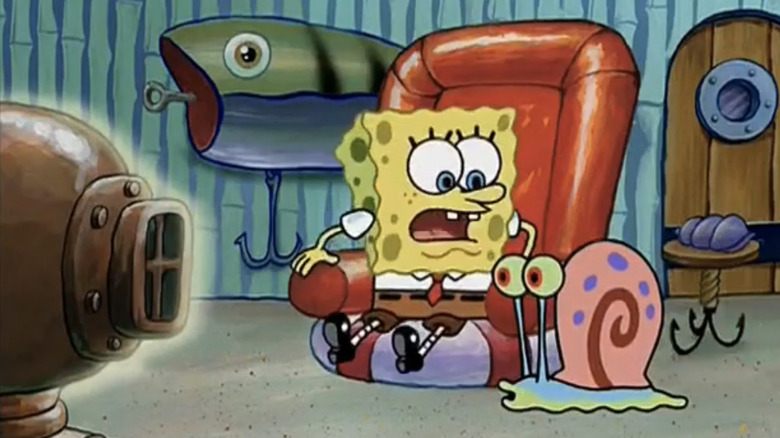 SpongeBob gets caught watching TV by Gary in "SpongeBob SquarePants" (1999)