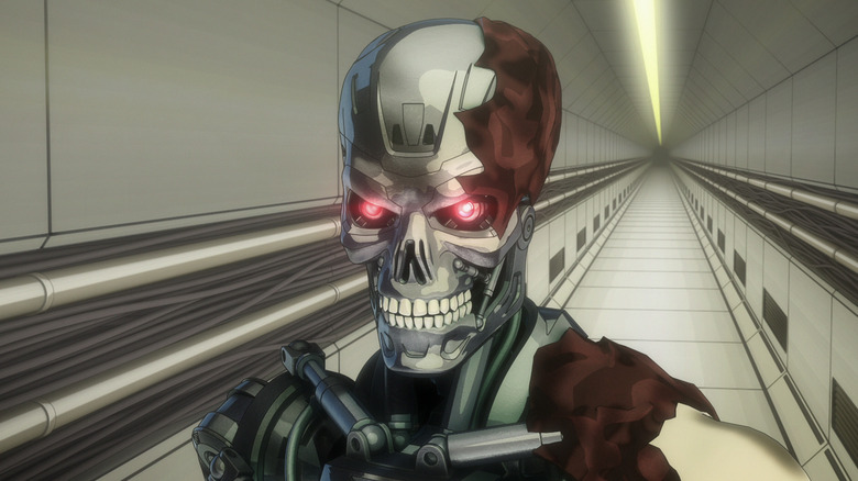 A metallic Terminator with glowing red eyes and red flesh attached on the right of its head and over its shoulder.