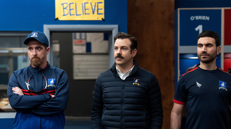 Coach Beard, Ted Lasso, and Roy Kent in "Ted Lasso."