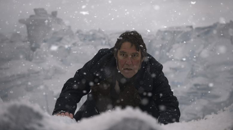 Captain Sir John Franklin in the snow, looking on in terror