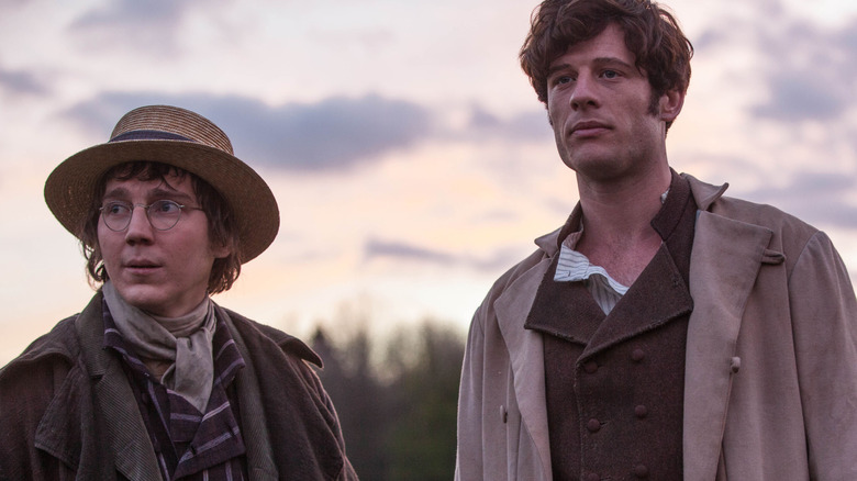 Pierre Bezukhov (Paul Dano) and Andrei Bolkonsky (James Norton) standing together in War & Peace