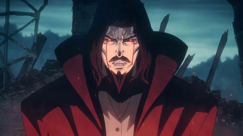 Dracula snarling and crying bloody tears