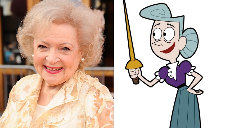 Side by side photo of Betty White and her animated character Mrs. Doolin from The Grim Adventures of Billy and Mandy
