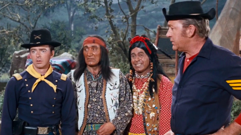 Ken Berry as Captain Parmenter, Frank de Kova as Chief Wild Eagle, Don Daimond as Crazy Cat, and Forrest Tucker as Sergeant O'Rourke in F Troop