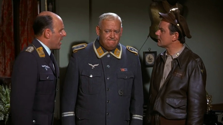 Werner Klemperer as Col. Klink, John Banner as Sgt. Schultz, and Bob Crane as Col. Hogan in Hogan's Heroes