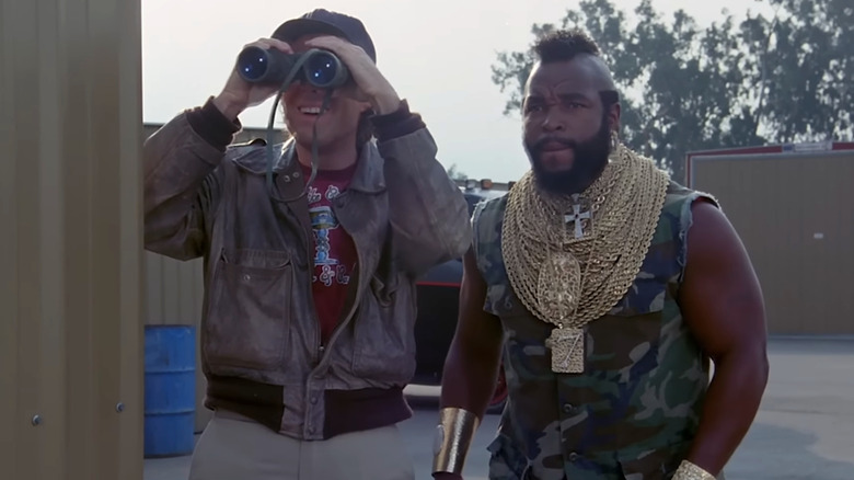Dwight Schultz's Howling Mad Murdock and Mr. T's B. A. Baracus investigating in The A-Team