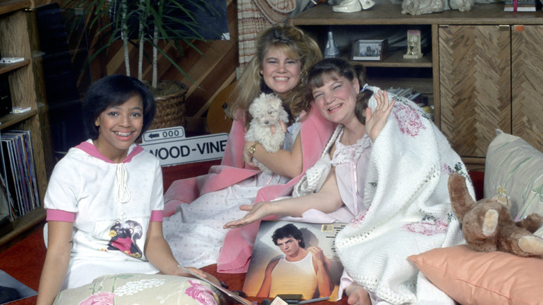 the cast of "The Facts of Life" (1979) pose for a photo on set