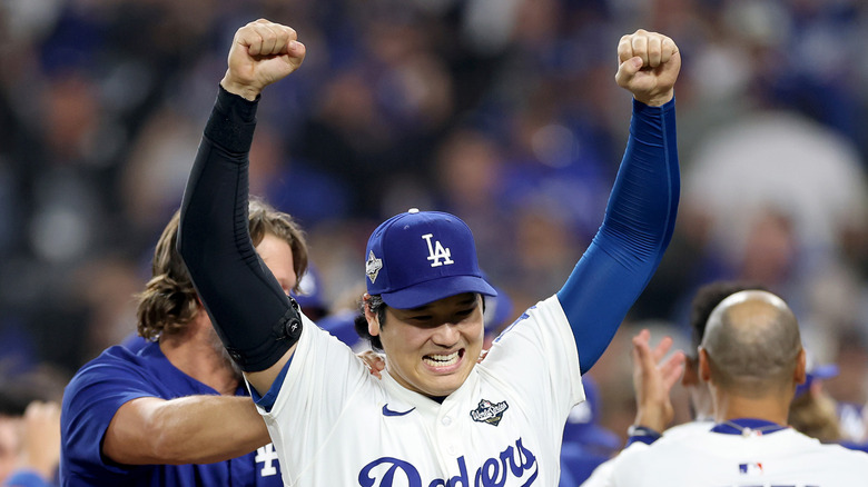 Shohei Ohtani celebrating a World Series victory