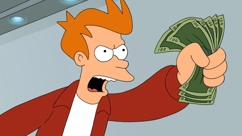 Billy West as Philip J. Fry holds a wad of cash in Futurama