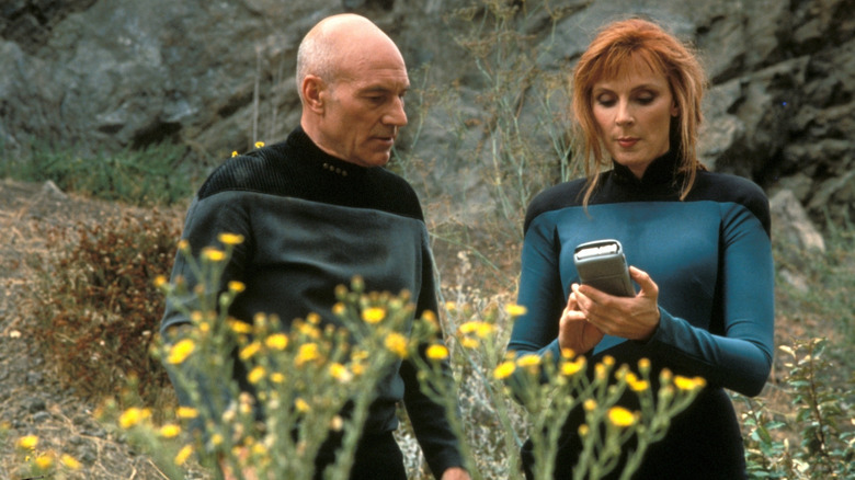 Patrick Stewart as Jean-Luc Picard and Beverly Crusher (Gates McFadden) exploring a planet in Star Trek: The Next Generation