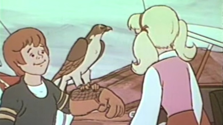 Animated boy with large bird on his arm while a girl faces him in "Emergency +4"