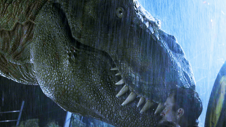 The T Rex leans towards Sam Neil's Alan Grant in Jurassic Park