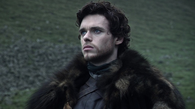 Robb Stark, Game of Thrones'ta kahverengi bir kürk mantoyla yeşil bir tepede uzaklara bakıyor