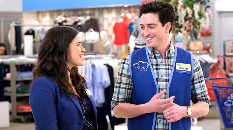 Amy (America Ferrera) and Jonah (Ben Feldman) smiling at each other in the Cloud 9 store on Superstore