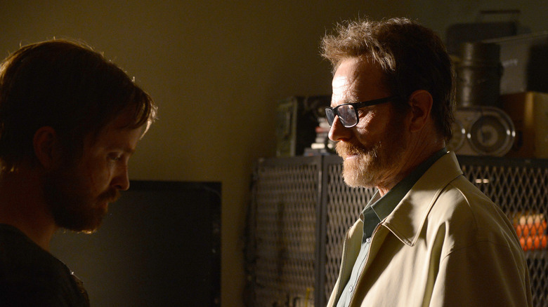 Walter White (Bryan Cranston) and Jesse Pinkman (Aaron Paul) stand together in a publicity still for the Breaking Bad finale, Season 5, Episode 16
