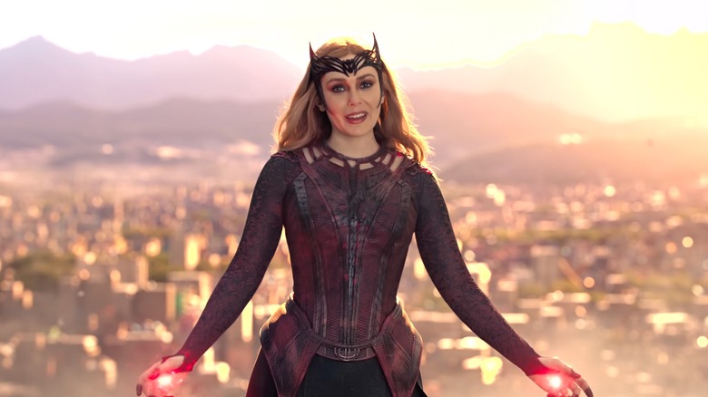 Scarlet Witch (Elizabeth Olsen) floating in the air and speaking in Doctor Strange in the Multiverse of Madness