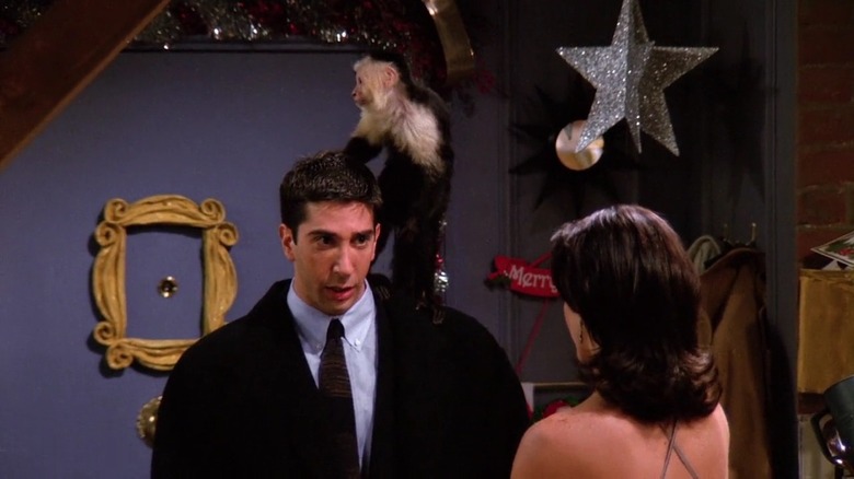 David Schwimmer as Ross, standing with a monkey on his head on Friends.