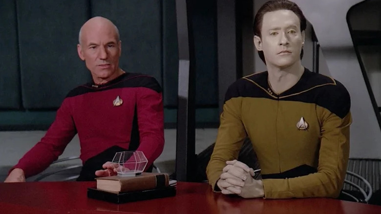Patrick Stewart as Jean-Luc Picard defends the humanity of Brent Spiner's Data, on Star Trek: The Next Generation.
