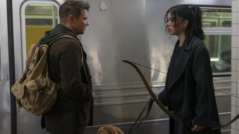 Jeremy Renner's Clint Barton and Hailee Steinfeld's Kate Bishop standing on a subway platform on Hawkeye