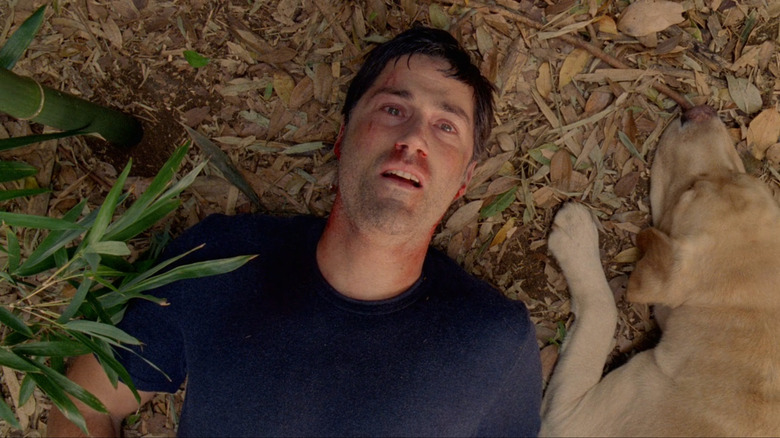 Matthew Fox as Jack Shephard with brown hair wearing a blue t-shirt. He's laying on his back in a forest. There is a yellow Labrador lying next to him.