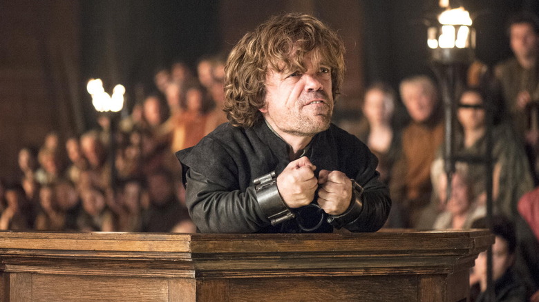 Peter Dinklage as Tryion Lannister stands trial in Game of Thrones