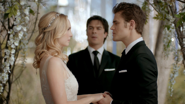 Caroline, Damon, and Stefan on The Vampire Diaries