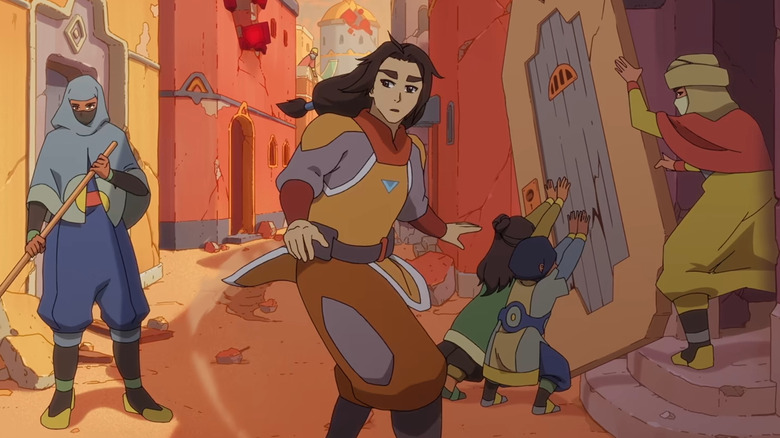 Jae flying through the streets of Ellora on his hoverboard in "Avatar: Seven Havens"
