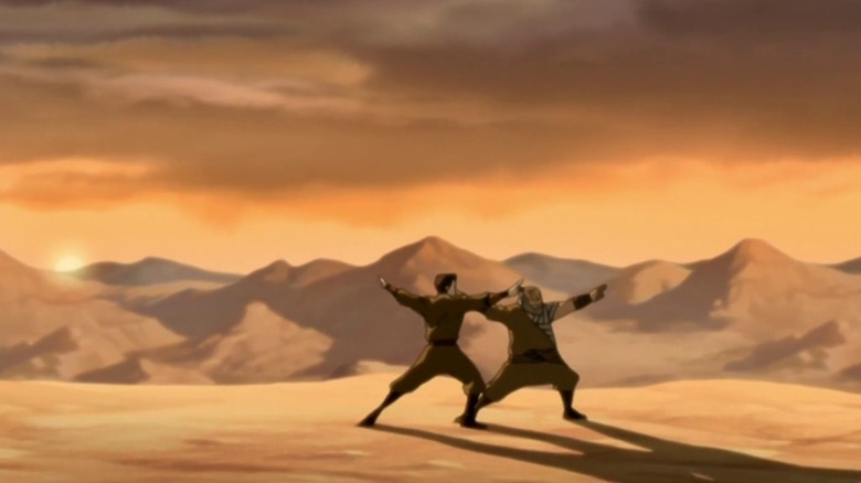 Iroh and Zuko practicing a stance together on Avatar: The Last Airbender S2E9